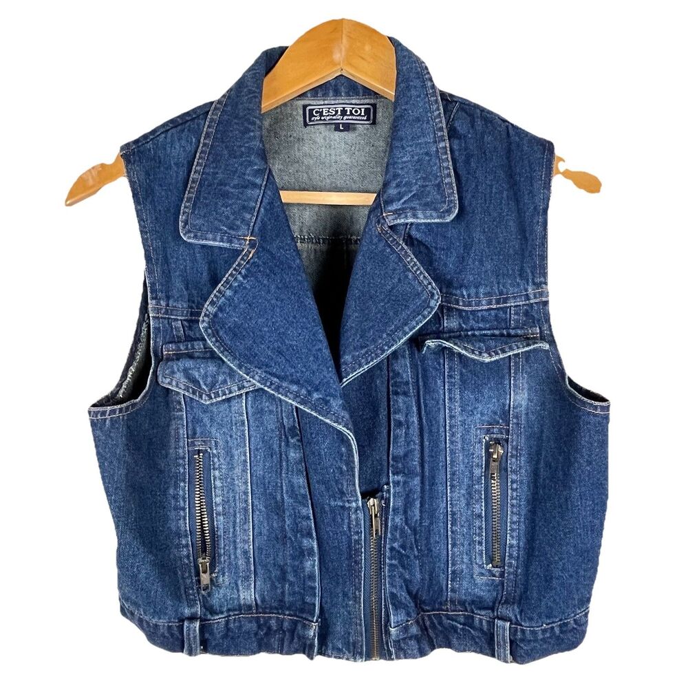 Vintage C’est Toi Denim Moto Vest Women’s Large Blue Zip Front Sleeveless Jean - Picture 2 of 12